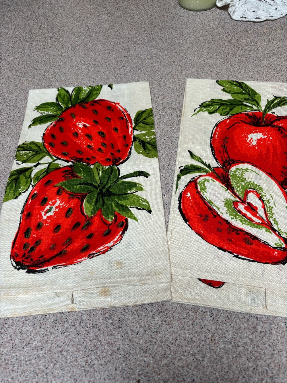 Vintage Linen Strawberry & Apple Print Kitchen Towels - Red and Green